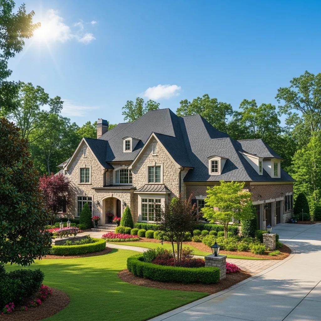 Luxury home in Johns Creek, GA with a well-maintained roof, representing peace-of-mind roofing solutions