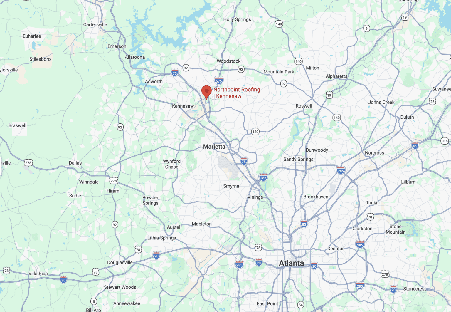 Map of Northpoint Roofing service areas around Kennesaw, GA and Franklin, TN