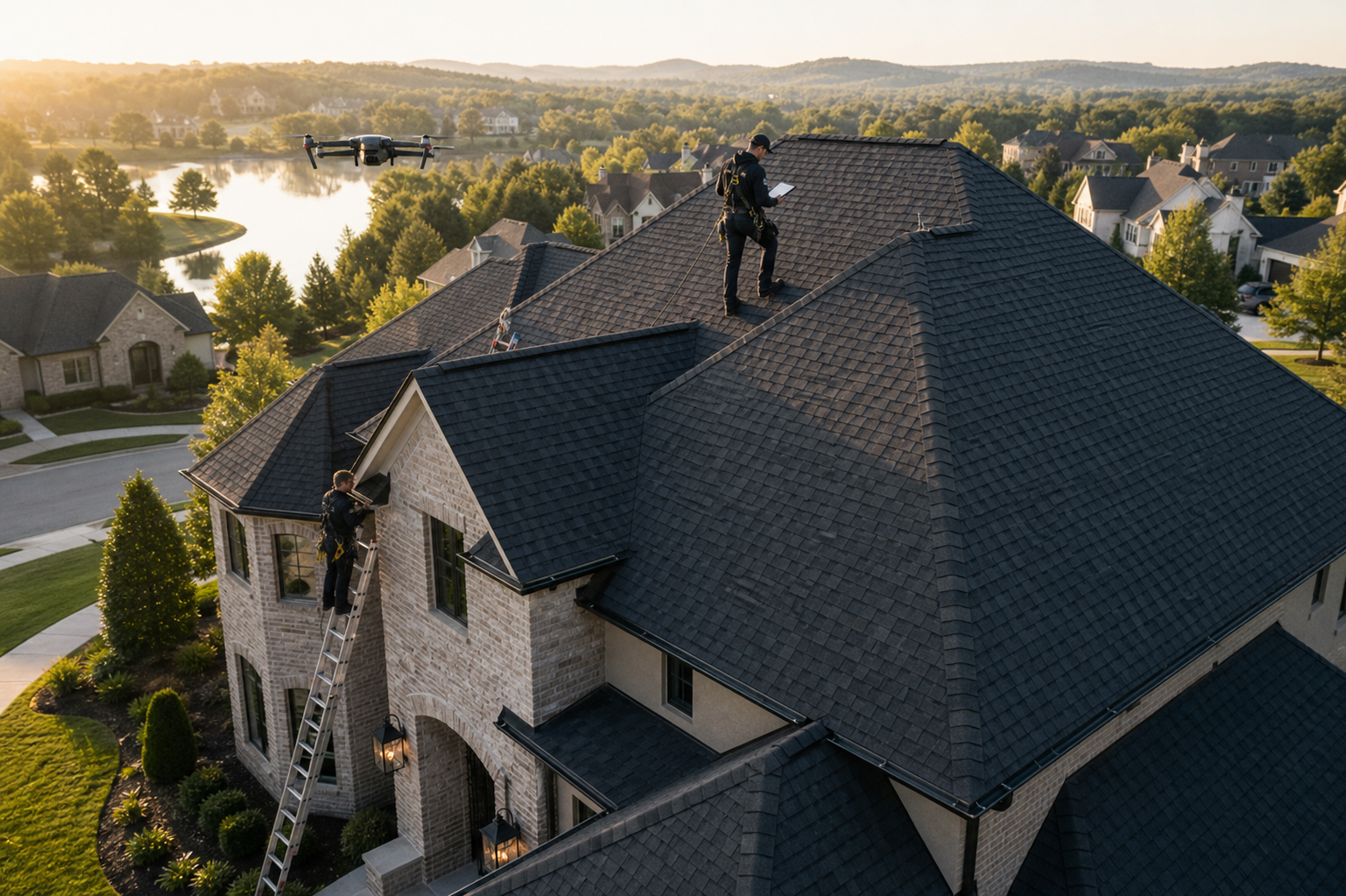 Roof inspectors on a house with a drone flying nearby